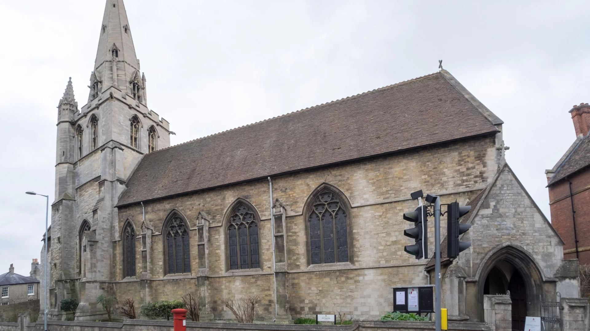 Large Victorian church with pale stone spire