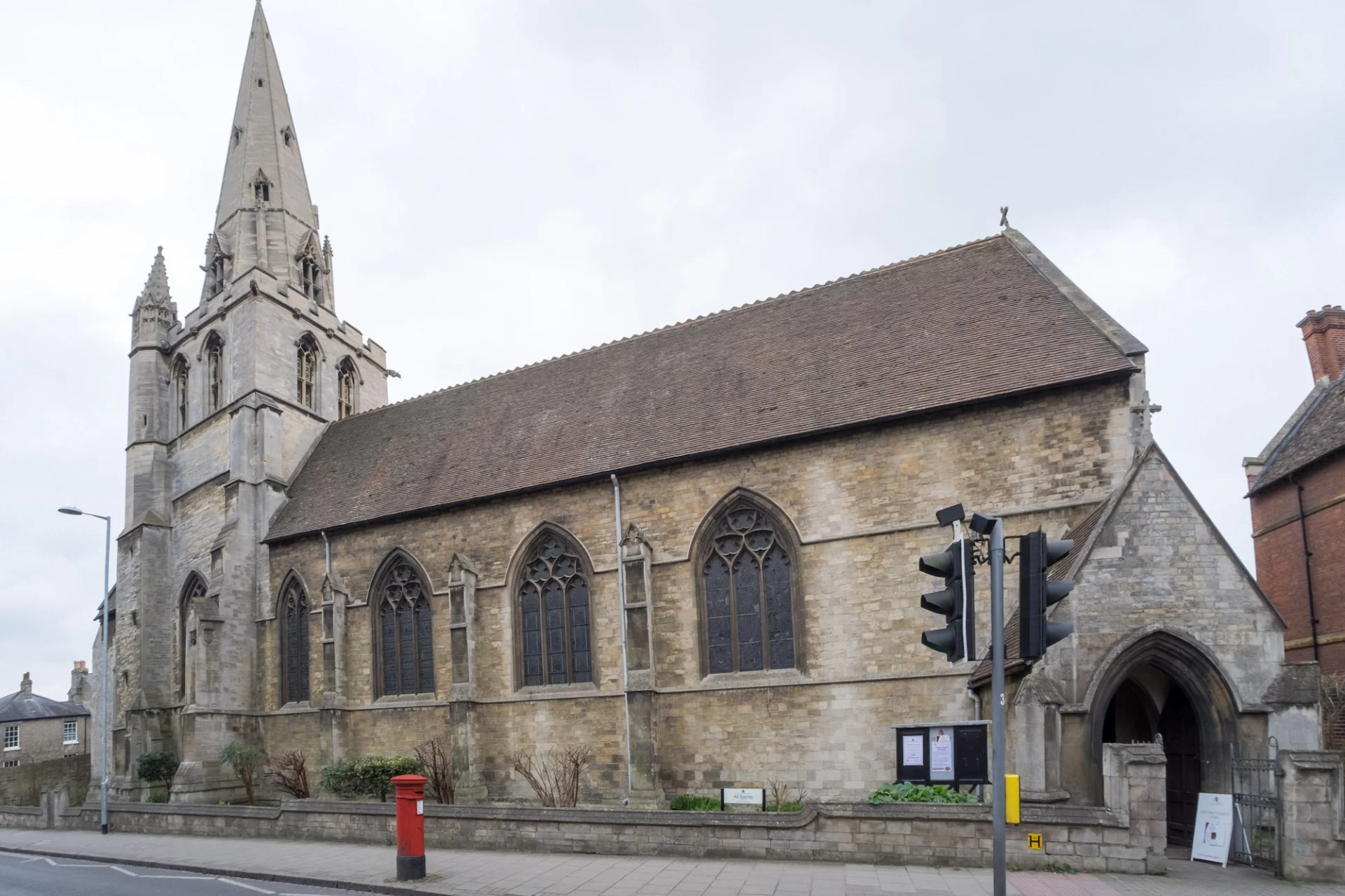 Large Victorian church with pale stone spire