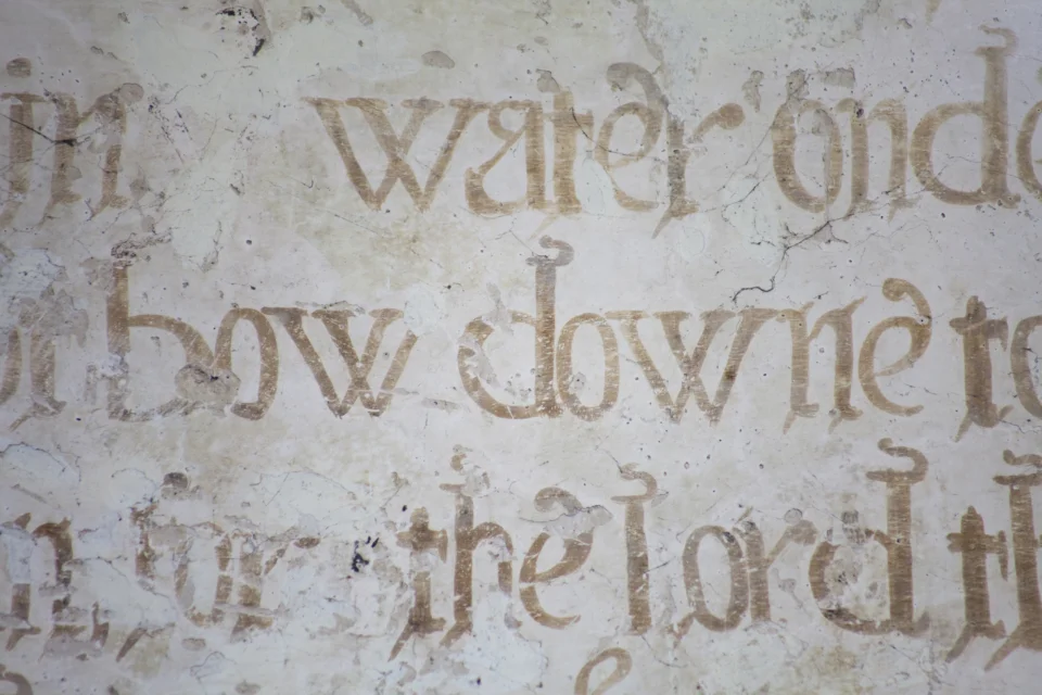 Medieval wallpainting writings phrases visible include 'yes on my life to Lord and...Heare O Lord...have mercy
