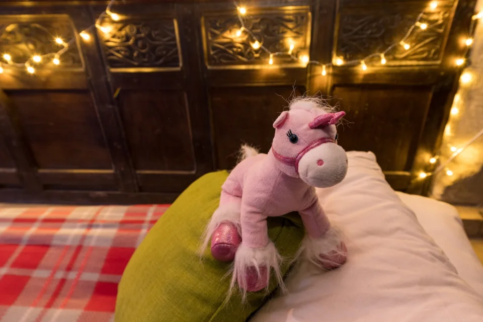 pink teddy unicorn on camp bed for champing