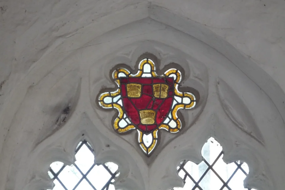 Late Medieval glass (re-set). The Three Crowns of St Etheldreda/The See of Ely.