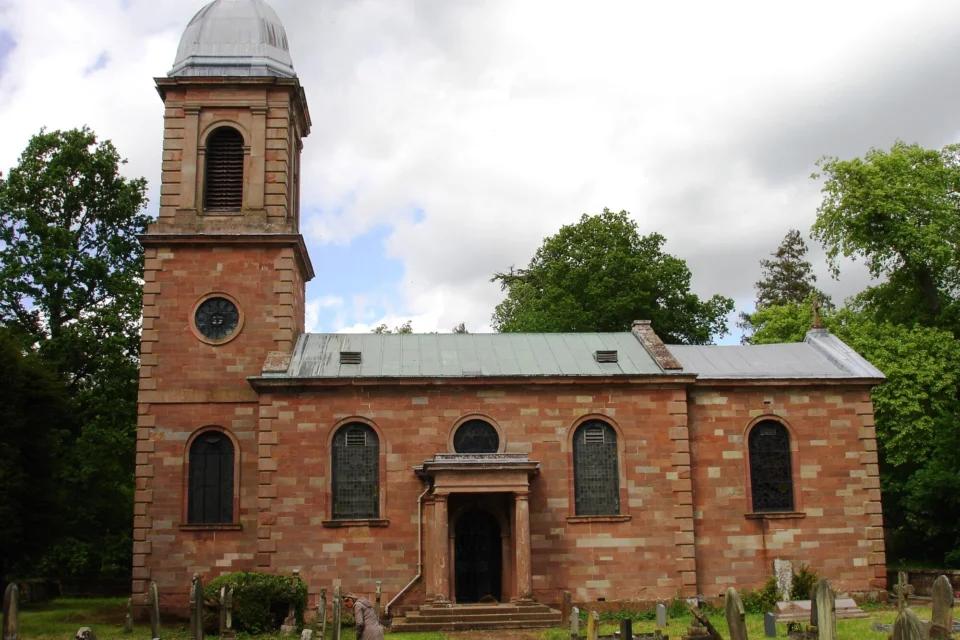 Exterior of the red brick built church