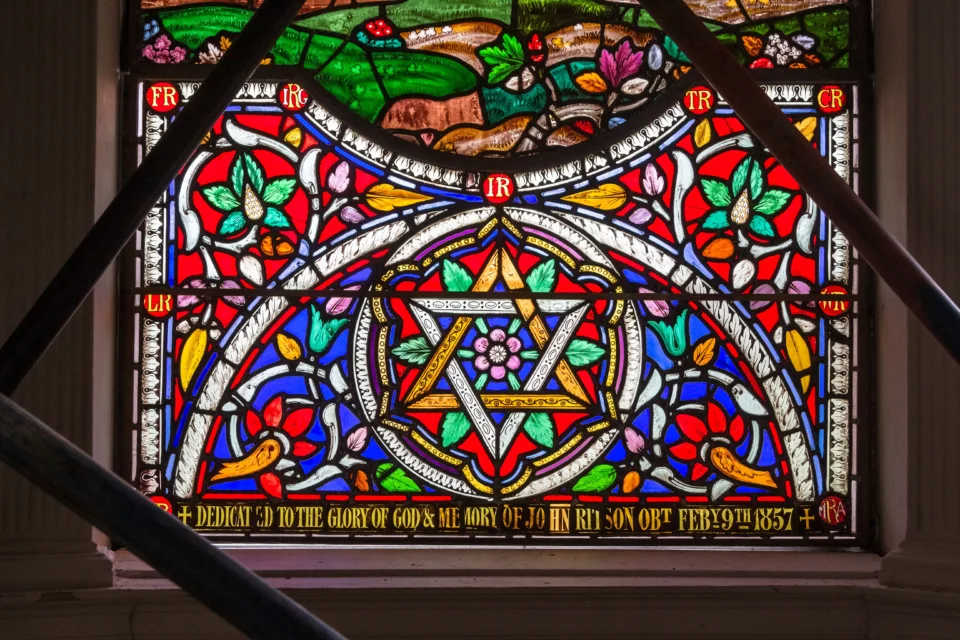 Colourful details of one of the stained glass windows