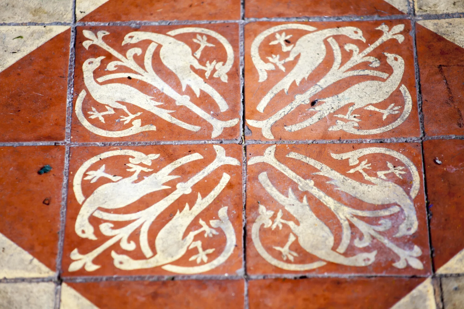 Red ceramic floor tiles ornated with birds