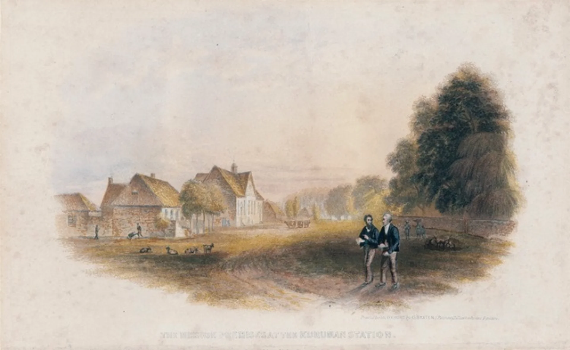 old watercolour image of men walking through grassy area by houses with livestock around.
