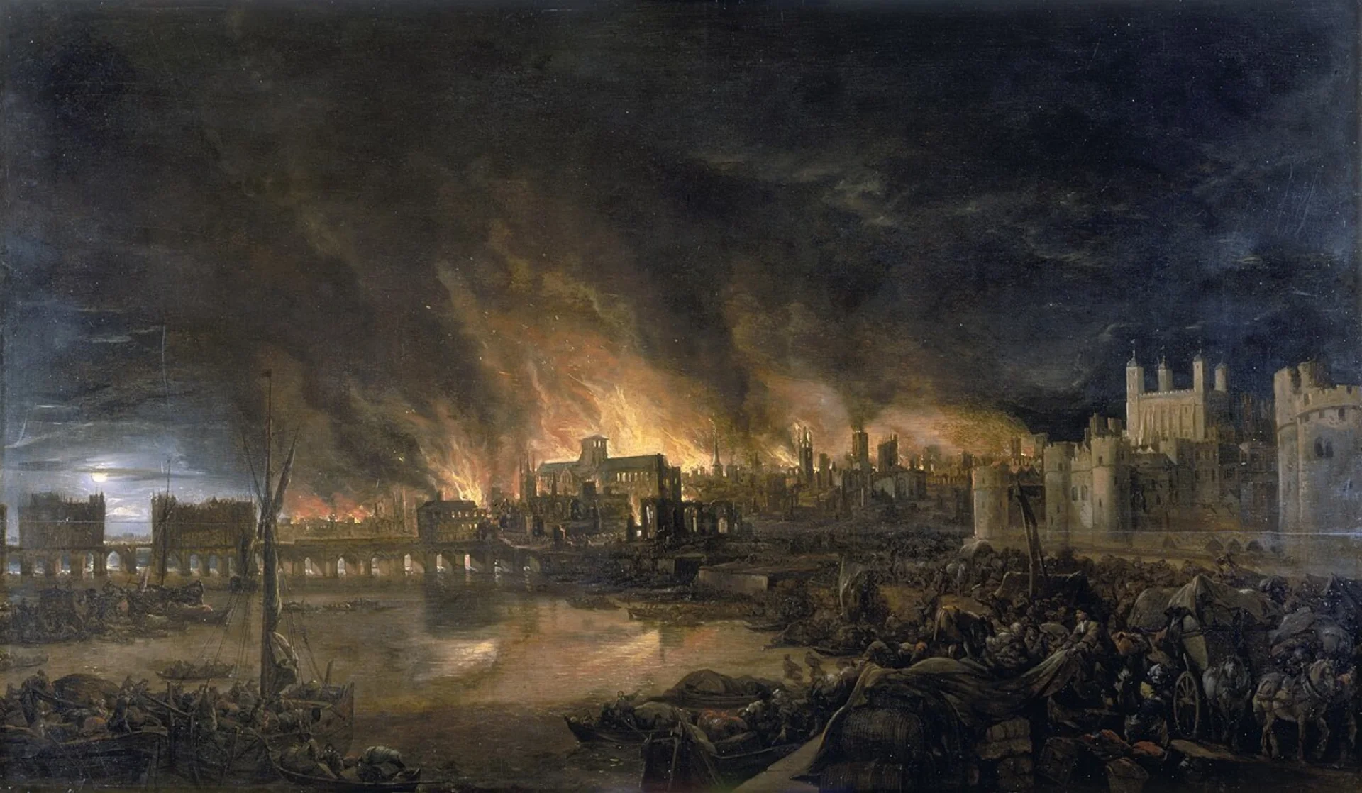 old painting of fire of london showing people fleeing in boats and carts by the thames with fire stretching up to the tower of London