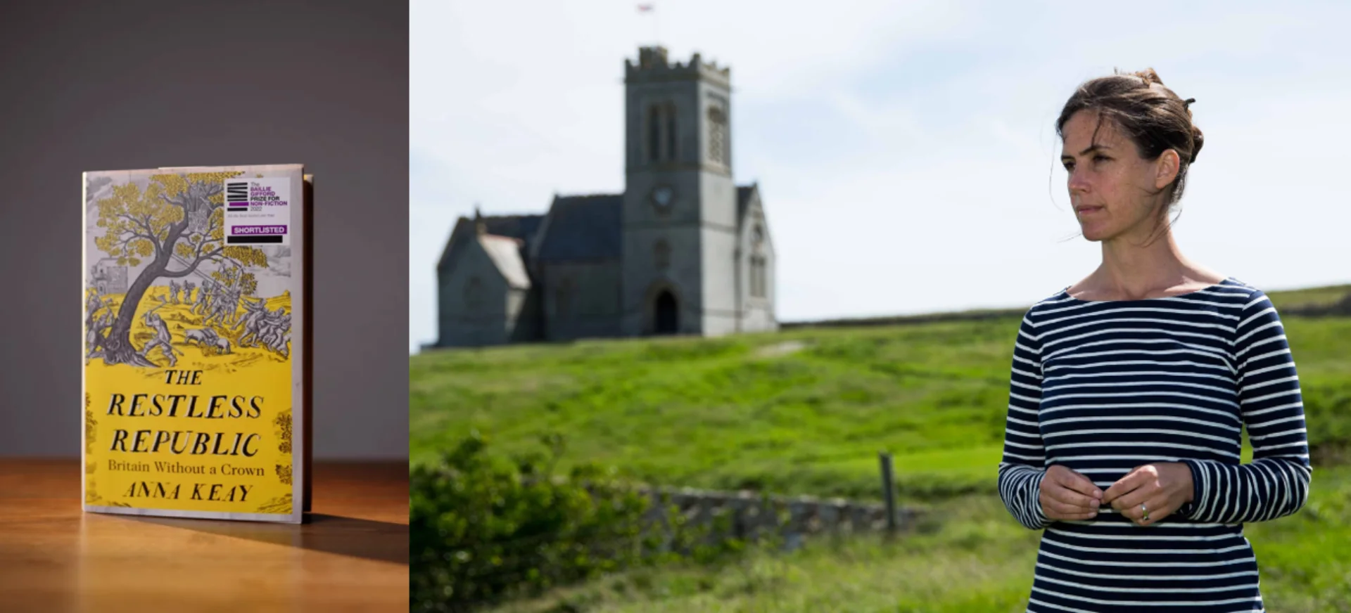 on left hand side a copy of the book 'The Restless Republic', on right hand side author standing in front of a small church