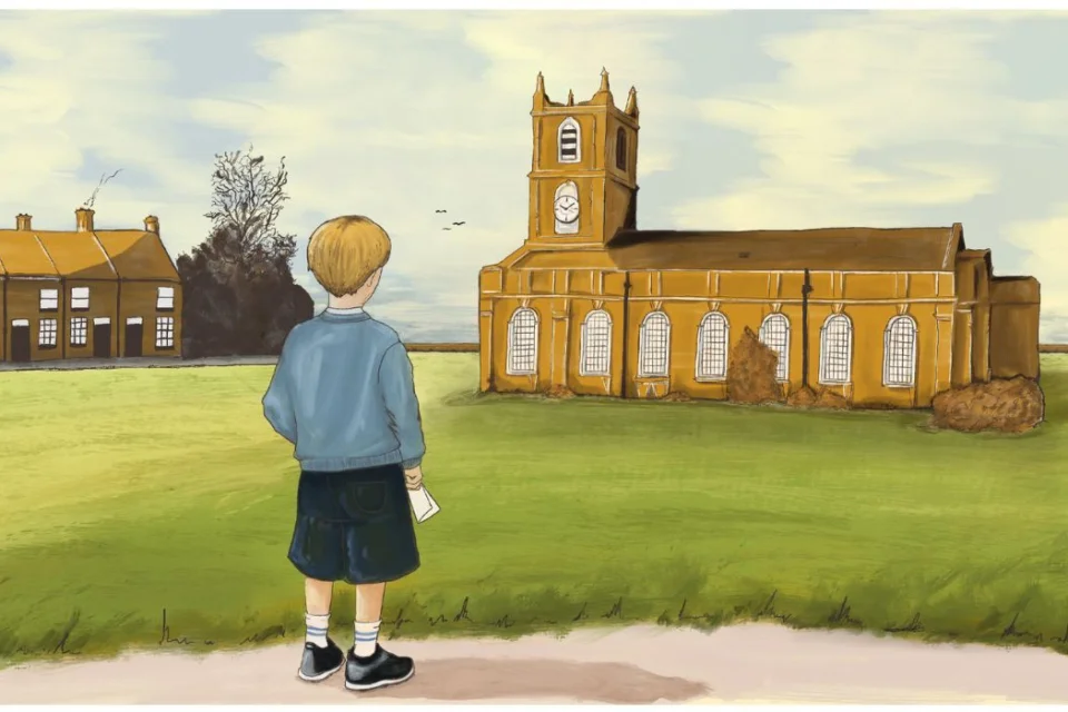 illustration of church exterior and a row of terrace houses with a boy in a light blue jumper and black shorts looking on at the church.