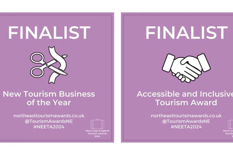 Two purple squares each with write writing saying finalist. The first the New Tourism Business of the year award with a logo of scissors cutting tape. The second 'Accessible and Inclusive Tourism Award' with the logo of two hands shaking.