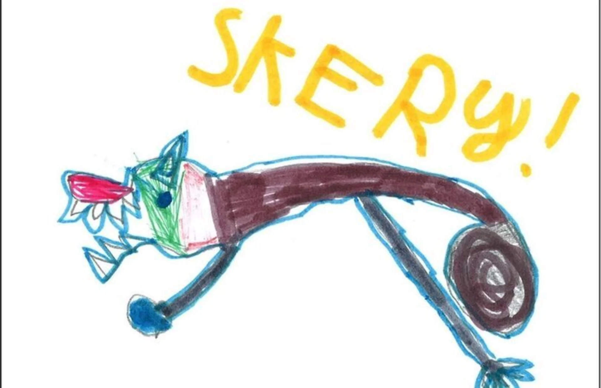 Hand drawn monster with 'skery' written in yellow pen above