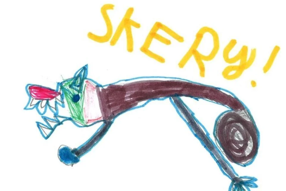 Hand drawn monster with 'skery' written in yellow pen above